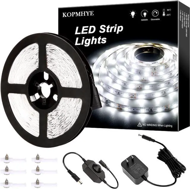 Main image of KOPMHYE 5M Dimmable LED Strip Lights Kits, 12V Tape Light, 300 2835 LED, 16.4ft 6000K Daylight White Ribbon with Power Adapter, Light Strips for Under Bed, Vanity Mirror, Cabinet, Non-Waterproof