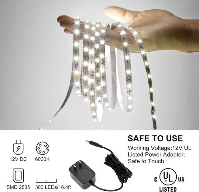 Alt view image 5 of 7 - KOPMHYE 5M Dimmable LED Strip Lights Kits, 12V Tape Light, 300 2835 LED, 16.4ft 6000K Daylight White Ribbon with Power Adapter, Light Strips for Under Bed, Vanity Mirror, Cabinet, Non-Waterproof