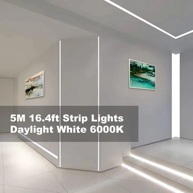 Alt view image 2 of 7 - KOPMHYE 5M Dimmable LED Strip Lights Kits, 12V Tape Light, 300 2835 LED, 16.4ft 6000K Daylight White Ribbon with Power Adapter, Light Strips for Under Bed, Vanity Mirror, Cabinet, Non-Waterproof