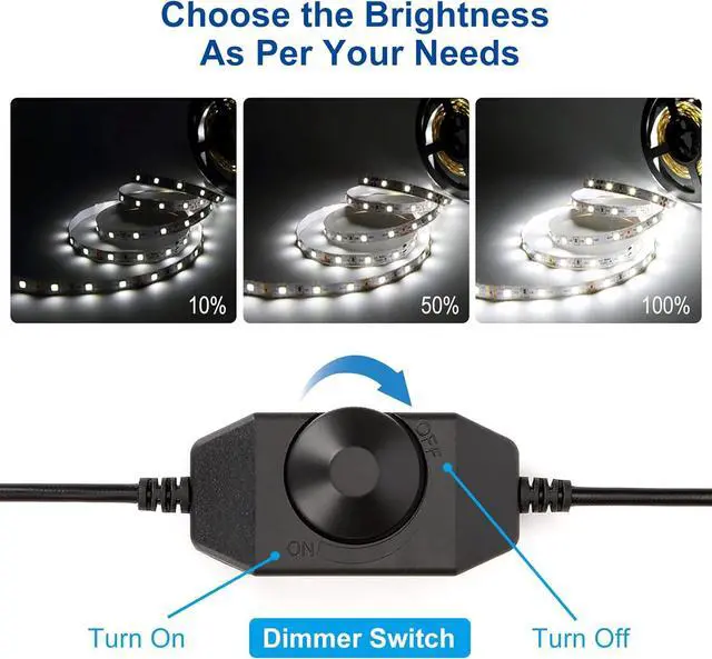 Alt view image 6 of 7 - KOPMHYE 5M Dimmable LED Strip Lights Kits, 12V Tape Light, 300 2835 LED, 16.4ft 6000K Daylight White Ribbon with Power Adapter, Light Strips for Under Bed, Vanity Mirror, Cabinet, Non-Waterproof