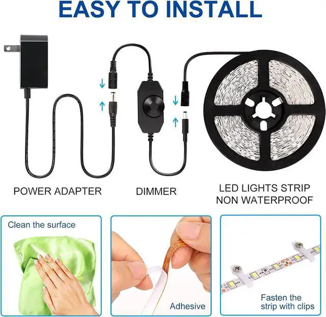 Alt view image 7 of 7 - KOPMHYE 5M Dimmable LED Strip Lights Kits, 12V Tape Light, 300 2835 LED, 16.4ft 6000K Daylight White Ribbon with Power Adapter, Light Strips for Under Bed, Vanity Mirror, Cabinet, Non-Waterproof