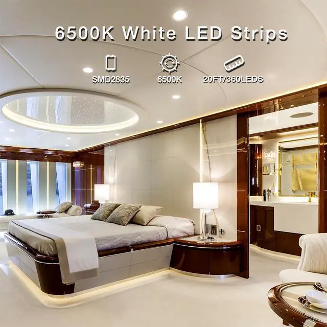 Alt view image 3 of 7 - White LED Strip Light, 20 ft Dimmable Bright Rope Light, 6500K 24V Light Strips, 360 LEDs 2835 Tape Lights for Bedroom, Kitchen, Mirror, Home Decoration(1 Roll)