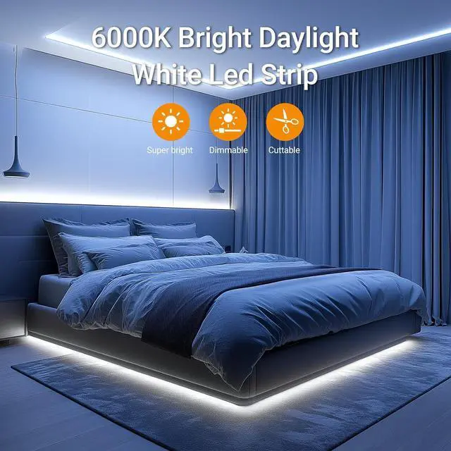 Alt view image 2 of 7 - White LED Strip Light, 16.4 Feet 24 Volt LED Light Strip White, 6000K-6500K Daylight Super Bright LED Tape Light for Bedroom, Kitchen, Closet, Cabinet, Mirror, Indoor(Dimmer Included)