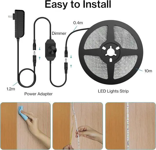 Alt view image 7 of 7 - 32.8ft LED Strip Lights Warm White, Dimmable Soft White Light Strip 3000K with Adhesive Clips, 12V 10M Flexible Led Lights for Bedroom Indoor Kitchen, UL Listed Plug, 600 LEDs 2835