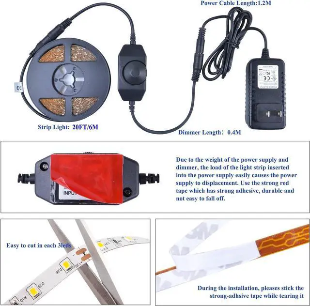 Alt view image 5 of 7 - 20FT White LED Strip Lights, Dimmable 6000K 360LEDs, Rope Strip Lights, Under Cabinet LED Strip Lights Tape with UL Power Supply for Kitchen, Wedding, Mirro, Not Waterproof.