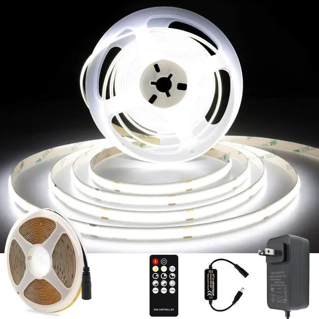 Main image of White COB LED Strip Light, Dimmable 16.4ft/5m LED Light, 6000K Daylight White 2400 LEDs High Lumen LED Tape Lights CRI 90+ with RF Remote and UL Power for Bedroom,Kitchen,DIY Home Decoration
