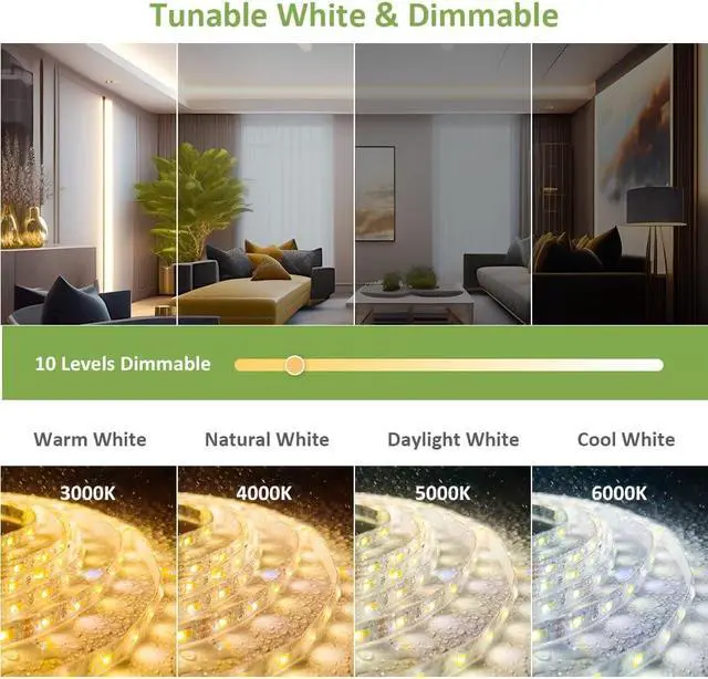 Alt view image 4 of 6 - 40ft Waterproof Tunable White LED Strip Lights, Dimmable Flexible Rope Light 3000K-6500K 12V Tape Light with Remote, Ribbon for Outdoor and Indoor Bedroom Home Mirror Kitchen Cabinet