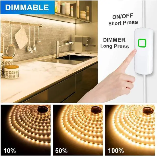 Alt view image 3 of 7 - Under Cabinet Led Lighting, 16.4ft LED Strip Lights Kit with Dimmer Control for Kitchen, Cabinet, Shelf, Counter, Bedroom and Décor, Warm White 3000K, 1050LM
