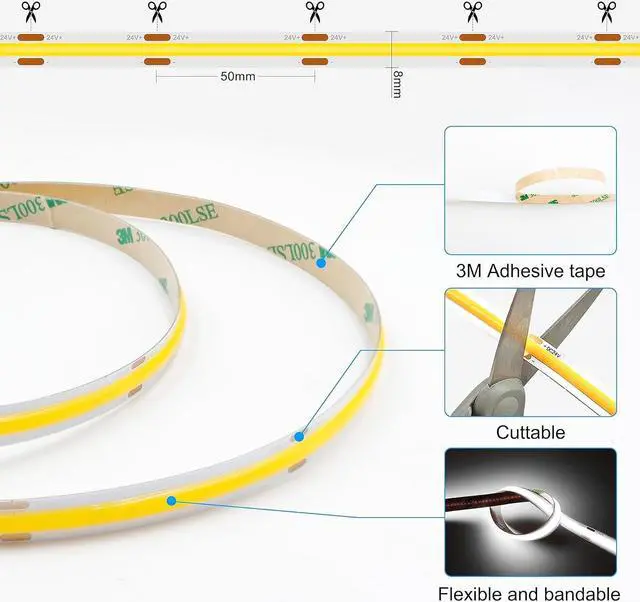 Alt view image 4 of 5 - 32.8ft White COB LED Strip Light, High Bright LED Strips with 320LEDs, RF Remote and UL Power Supply, 6000K Dimmable LED Lights for Bedroom, Kitchen, DIY Home Decoration, 2 Rolls of 16.4ft