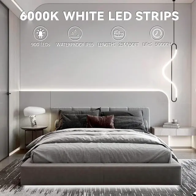Alt view image 2 of 5 - 50ft Waterproof LED Strip Lights, 6000K Daylight White IP44 Tape Light, 15M 12V Rope Light Strong 3M Adhesive, for Home,Kitchen, Patio, Balcony, Party, Wedding, Indoor and Outdoor Decor