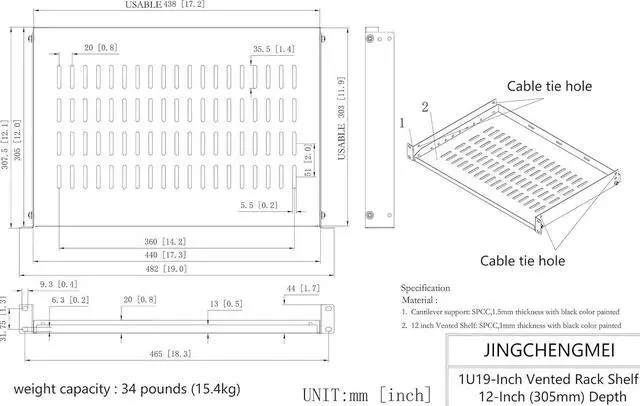 Alt view image 4 of 6 - 1U Disassembled Vented Cantilever Server Rack Mount Shelf 12"(305mm) Depth for 19-Inch Network/AV Equipment Rack and Cabinet(1U12V)