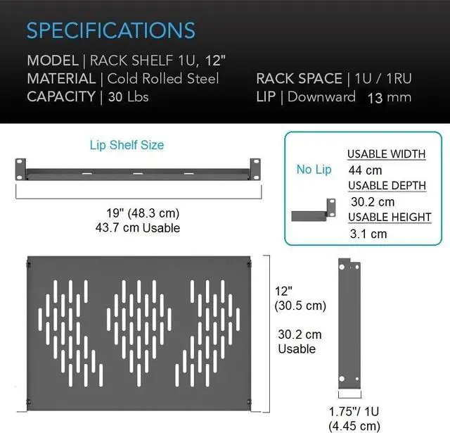 Alt view image 2 of 6 - 1U Server Rack Shelf, Suitable for 19" Network Equipment Racks and Cabinets, Ventilated Cantilever Tray, Depth of 12 inches, Well-Ventilated (1PCS, Black)