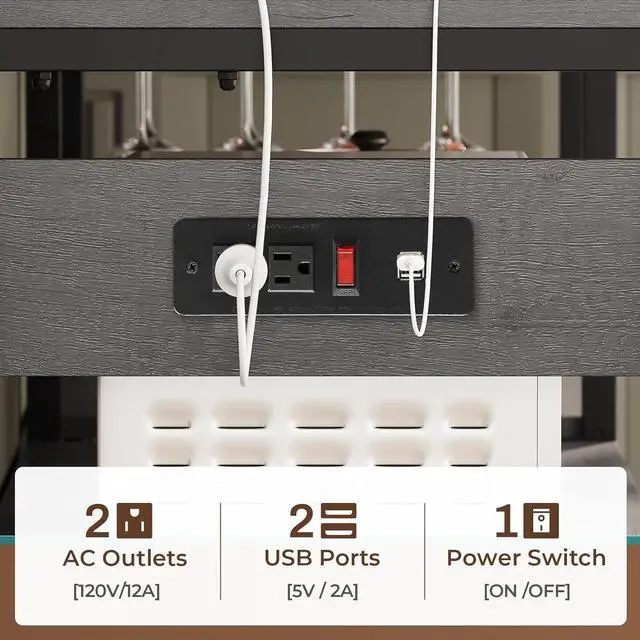 Alt view image 4 of 7 - Bakers Rack with Power Outlet and LED Light, 45.3 Inch Farmhouse Coffee Bar Cabinet, Kitchen Microwave Stand with Storage, Glass Cabinet, Goblet Holder and 8 Hooks (Grey)