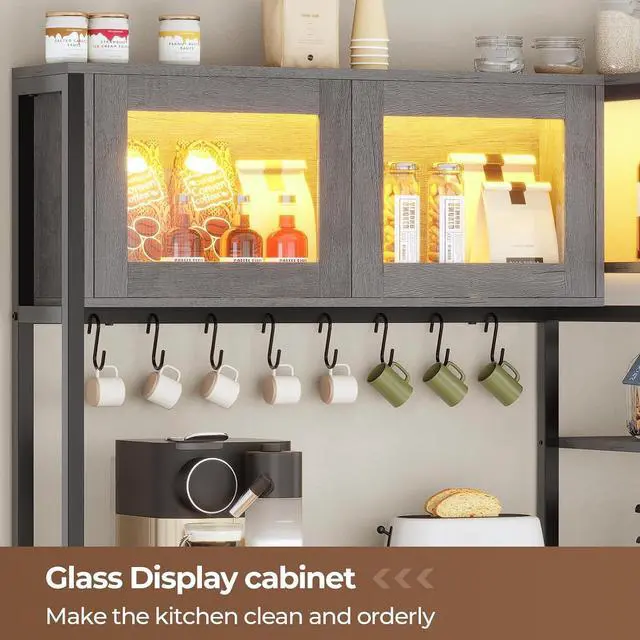 Alt view image 5 of 7 - Bakers Rack with Power Outlet and LED Light, 45.3 Inch Farmhouse Coffee Bar Cabinet, Kitchen Microwave Stand with Storage, Glass Cabinet, Goblet Holder and 8 Hooks (Grey)