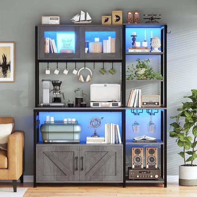 Alt view image 3 of 7 - Bakers Rack with Power Outlet and LED Light, 45.3 Inch Farmhouse Coffee Bar Cabinet, Kitchen Microwave Stand with Storage, Glass Cabinet, Goblet Holder and 8 Hooks (Grey)