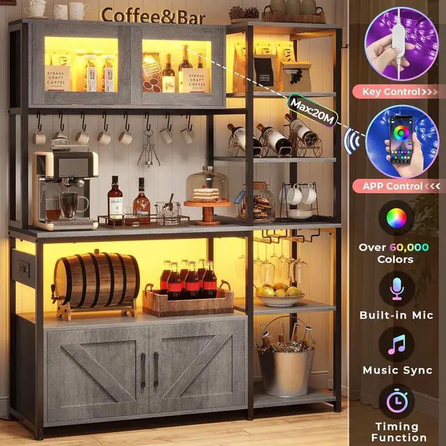 Alt view image 6 of 7 - Bakers Rack with Power Outlet and LED Light, 45.3 Inch Farmhouse Coffee Bar Cabinet, Kitchen Microwave Stand with Storage, Glass Cabinet, Goblet Holder and 8 Hooks (Grey)