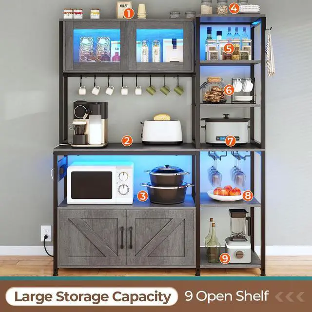 Alt view image 7 of 7 - Bakers Rack with Power Outlet and LED Light, 45.3 Inch Farmhouse Coffee Bar Cabinet, Kitchen Microwave Stand with Storage, Glass Cabinet, Goblet Holder and 8 Hooks (Grey)