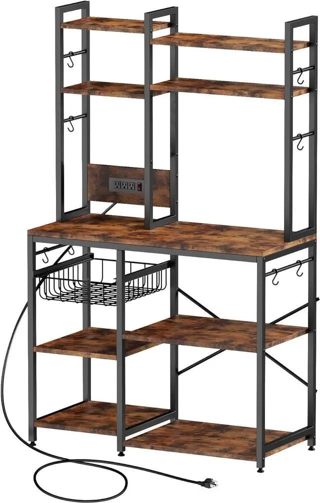Main image of Standing Kitchen Bakers Rack, Bakers Rack with Power Outlet, 6-Tier Microwave Stand, Coffee Bar with 12 S-Shaped Hooks, Kitchen Shelf with Storage, Coffee Bar Station, for Rustic Brown