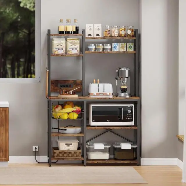 Alt view image 4 of 7 - Standing Kitchen Bakers Rack, Bakers Rack with Power Outlet, 6-Tier Microwave Stand, Coffee Bar with 12 S-Shaped Hooks, Kitchen Shelf with Storage, Coffee Bar Station, for Rustic Brown