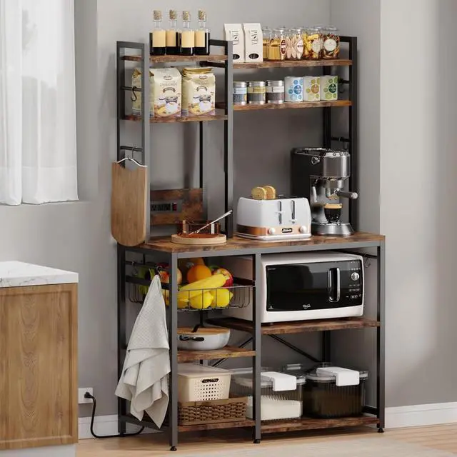 Alt view image 2 of 7 - Standing Kitchen Bakers Rack, Bakers Rack with Power Outlet, 6-Tier Microwave Stand, Coffee Bar with 12 S-Shaped Hooks, Kitchen Shelf with Storage, Coffee Bar Station, for Rustic Brown