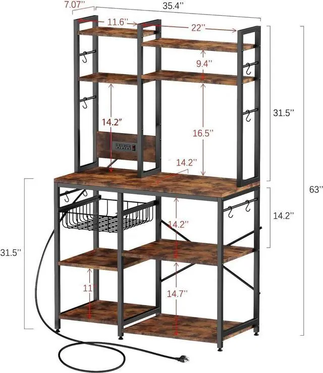 Alt view image 3 of 7 - Standing Kitchen Bakers Rack, Bakers Rack with Power Outlet, 6-Tier Microwave Stand, Coffee Bar with 12 S-Shaped Hooks, Kitchen Shelf with Storage, Coffee Bar Station, for Rustic Brown