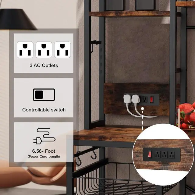 Alt view image 5 of 7 - Standing Kitchen Bakers Rack, Bakers Rack with Power Outlet, 6-Tier Microwave Stand, Coffee Bar with 12 S-Shaped Hooks, Kitchen Shelf with Storage, Coffee Bar Station, for Rustic Brown