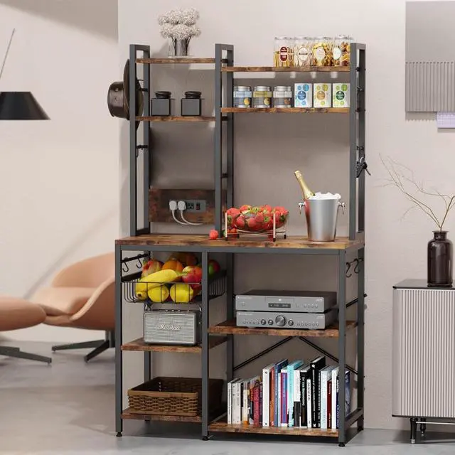 Alt view image 7 of 7 - Standing Kitchen Bakers Rack, Bakers Rack with Power Outlet, 6-Tier Microwave Stand, Coffee Bar with 12 S-Shaped Hooks, Kitchen Shelf with Storage, Coffee Bar Station, for Rustic Brown