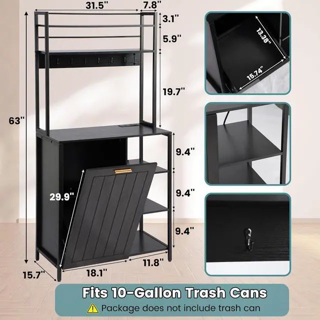 Alt view image 2 of 7 - Kitchen Bakers Rack with Power Outlets, Microwave Oven Organizer with Tilt Out Trash Can Cabinet Storage Shelf 6 Tiers Coffee Bar Station Stand, Freestanding Rack with 6 Hooks for Sink Bathroom