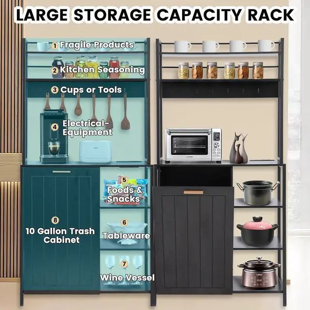 Alt view image 7 of 7 - Kitchen Bakers Rack with Power Outlets, Microwave Oven Organizer with Tilt Out Trash Can Cabinet Storage Shelf 6 Tiers Coffee Bar Station Stand, Freestanding Rack with 6 Hooks for Sink Bathroom