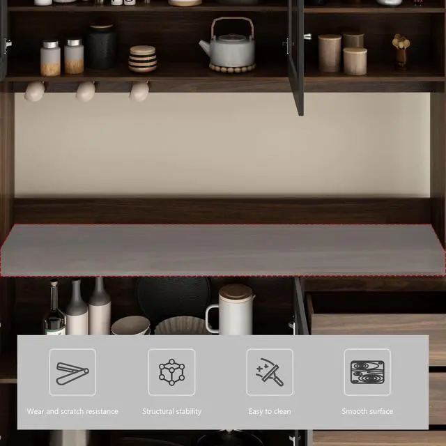 Alt view image 6 of 7 - Large Kitchen Hutch Cabinet, Storage Cupboard Pantry with 4 Glass Doors, 4 Drawers & Microwave Shelf, for Kitchen Open Storage, Brown (63" W x 15.7" D x 74.8" H)