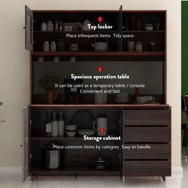 Alt view image 5 of 7 - Large Kitchen Hutch Cabinet, Storage Cupboard Pantry with 4 Glass Doors, 4 Drawers & Microwave Shelf, for Kitchen Open Storage, Brown (63" W x 15.7" D x 74.8" H)