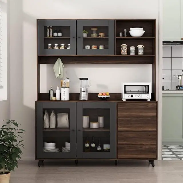 Alt view image 3 of 7 - Large Kitchen Hutch Cabinet, Storage Cupboard Pantry with 4 Glass Doors, 4 Drawers & Microwave Shelf, for Kitchen Open Storage, Brown (63" W x 15.7" D x 74.8" H)
