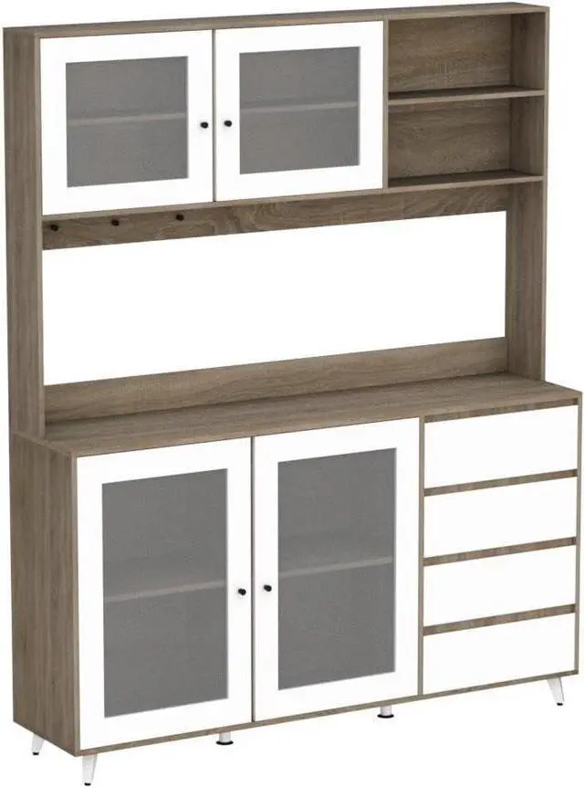 Alt view image 4 of 7 - Large Kitchen Hutch Cabinet, Storage Cupboard Pantry with 4 Glass Doors, 4 Drawers & Microwave Shelf, for Kitchen Open Storage, White/Oak (63" W x 15.7" D x 74.8" H)