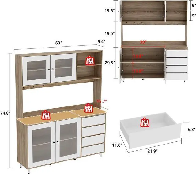 Alt view image 2 of 7 - Large Kitchen Hutch Cabinet, Storage Cupboard Pantry with 4 Glass Doors, 4 Drawers & Microwave Shelf, for Kitchen Open Storage, White/Oak (63" W x 15.7" D x 74.8" H)