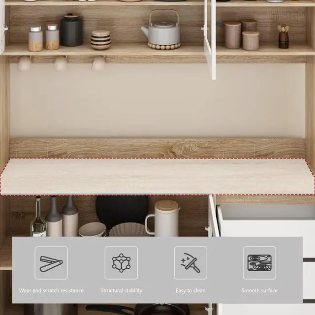 Alt view image 6 of 7 - Large Kitchen Hutch Cabinet, Storage Cupboard Pantry with 4 Glass Doors, 4 Drawers & Microwave Shelf, for Kitchen Open Storage, White/Oak (63" W x 15.7" D x 74.8" H)