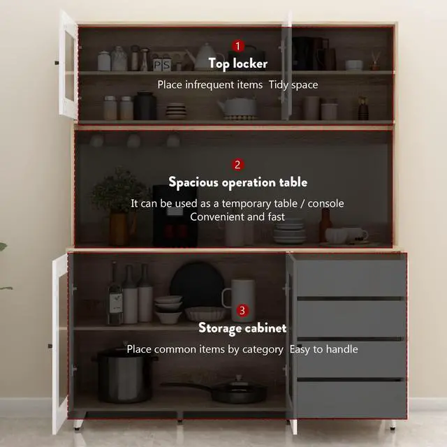 Alt view image 5 of 7 - Large Kitchen Hutch Cabinet, Storage Cupboard Pantry with 4 Glass Doors, 4 Drawers & Microwave Shelf, for Kitchen Open Storage, White/Oak (63" W x 15.7" D x 74.8" H)