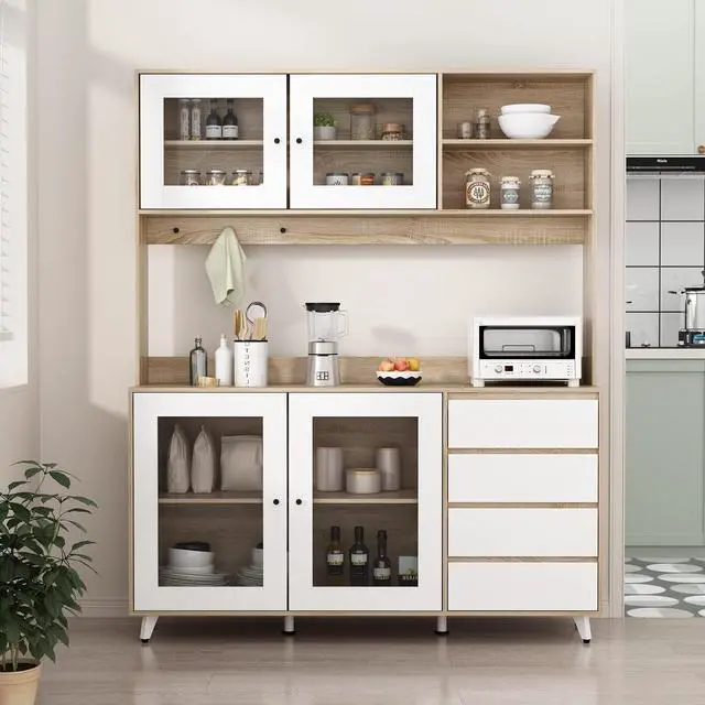 Alt view image 3 of 7 - Large Kitchen Hutch Cabinet, Storage Cupboard Pantry with 4 Glass Doors, 4 Drawers & Microwave Shelf, for Kitchen Open Storage, White/Oak (63" W x 15.7" D x 74.8" H)