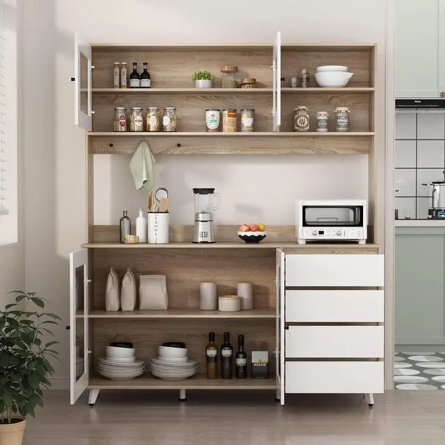 Main image of Large Kitchen Hutch Cabinet, Storage Cupboard Pantry with 4 Glass Doors, 4 Drawers & Microwave Shelf, for Kitchen Open Storage, White/Oak (63" W x 15.7" D x 74.8" H)