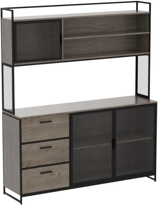 Alt view image 4 of 7 - Large Kitchen Hutch Cabinet, Storage Cupboard Pantry with 3 Metal Doors, 3 Drawers & Microwave Shelf, for Kitchen Open Storage, Walnut (59" W x 15.7" D x 68.5" H)