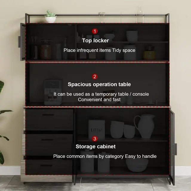 Alt view image 5 of 7 - Large Kitchen Hutch Cabinet, Storage Cupboard Pantry with 3 Metal Doors, 3 Drawers & Microwave Shelf, for Kitchen Open Storage, Walnut (59" W x 15.7" D x 68.5" H)