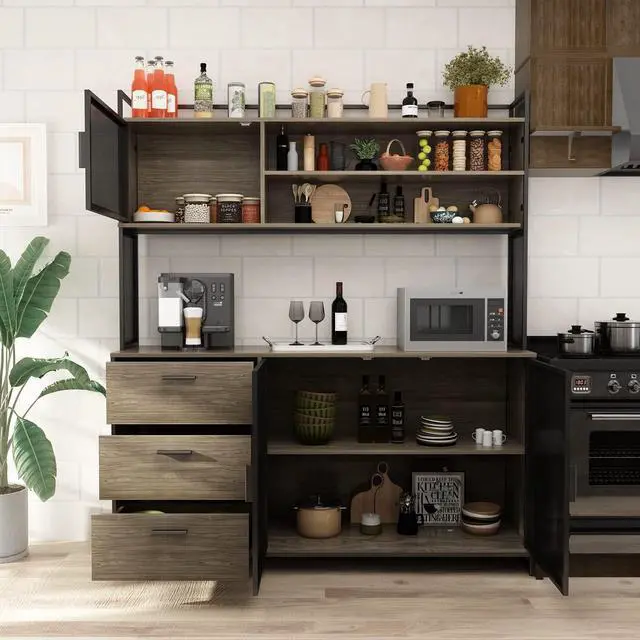 Main image of Large Kitchen Hutch Cabinet, Storage Cupboard Pantry with 3 Metal Doors, 3 Drawers & Microwave Shelf, for Kitchen Open Storage, Walnut (59" W x 15.7" D x 68.5" H)