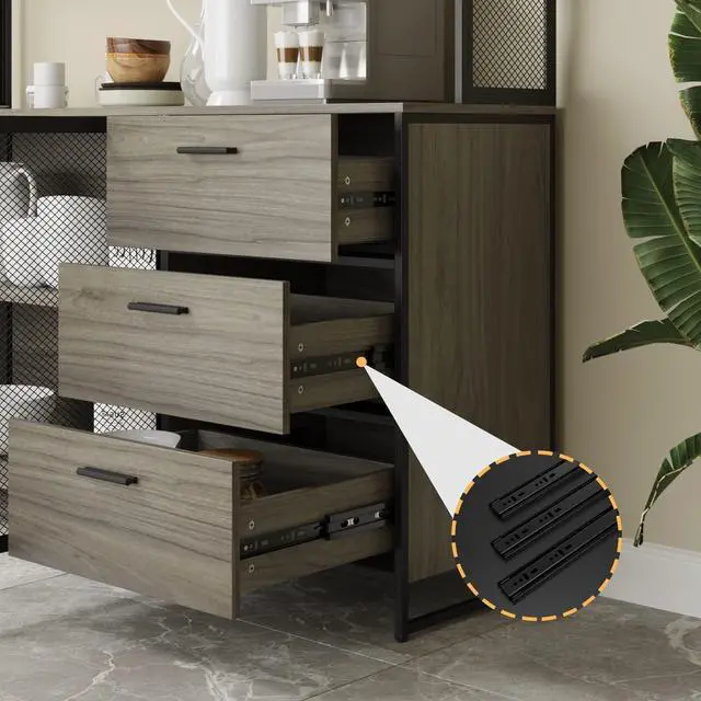 Alt view image 7 of 7 - Large Kitchen Hutch Cabinet, Storage Cupboard Pantry with 3 Metal Doors, 3 Drawers & Microwave Shelf, for Kitchen Open Storage, Walnut (59" W x 15.7" D x 68.5" H)