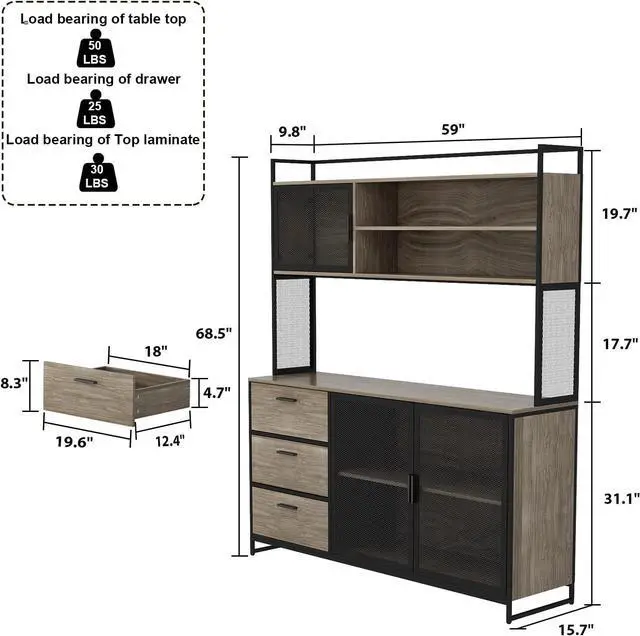 Alt view image 2 of 7 - Large Kitchen Hutch Cabinet, Storage Cupboard Pantry with 3 Metal Doors, 3 Drawers & Microwave Shelf, for Kitchen Open Storage, Walnut (59" W x 15.7" D x 68.5" H)