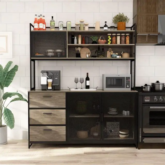 Alt view image 3 of 7 - Large Kitchen Hutch Cabinet, Storage Cupboard Pantry with 3 Metal Doors, 3 Drawers & Microwave Shelf, for Kitchen Open Storage, Walnut (59" W x 15.7" D x 68.5" H)
