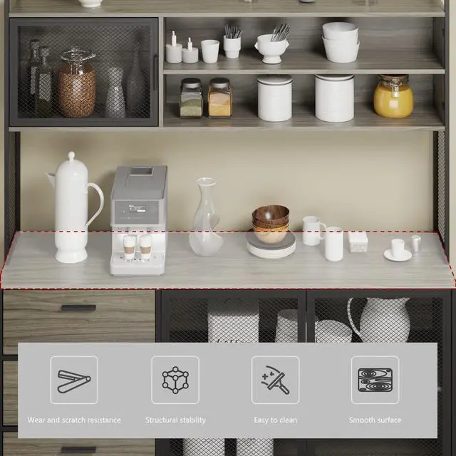 Alt view image 6 of 7 - Large Kitchen Hutch Cabinet, Storage Cupboard Pantry with 3 Metal Doors, 3 Drawers & Microwave Shelf, for Kitchen Open Storage, Walnut (59" W x 15.7" D x 68.5" H)