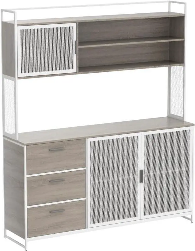 Alt view image 4 of 7 - Large Kitchen Hutch Cabinet, Storage Cupboard Pantry with 3 Metal Doors, 3 Drawers & Microwave Shelf, for Kitchen Open Storage, Oak (59" W x 15.7" D x 68.5" H)
