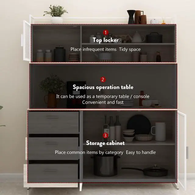 Alt view image 5 of 7 - Large Kitchen Hutch Cabinet, Storage Cupboard Pantry with 3 Metal Doors, 3 Drawers & Microwave Shelf, for Kitchen Open Storage, Oak (59" W x 15.7" D x 68.5" H)