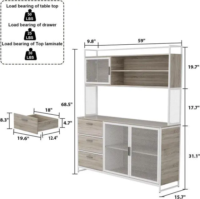 Alt view image 2 of 7 - Large Kitchen Hutch Cabinet, Storage Cupboard Pantry with 3 Metal Doors, 3 Drawers & Microwave Shelf, for Kitchen Open Storage, Oak (59" W x 15.7" D x 68.5" H)