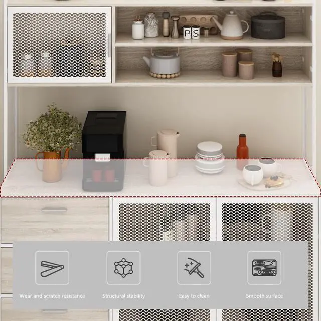 Alt view image 6 of 7 - Large Kitchen Hutch Cabinet, Storage Cupboard Pantry with 3 Metal Doors, 3 Drawers & Microwave Shelf, for Kitchen Open Storage, Oak (59" W x 15.7" D x 68.5" H)