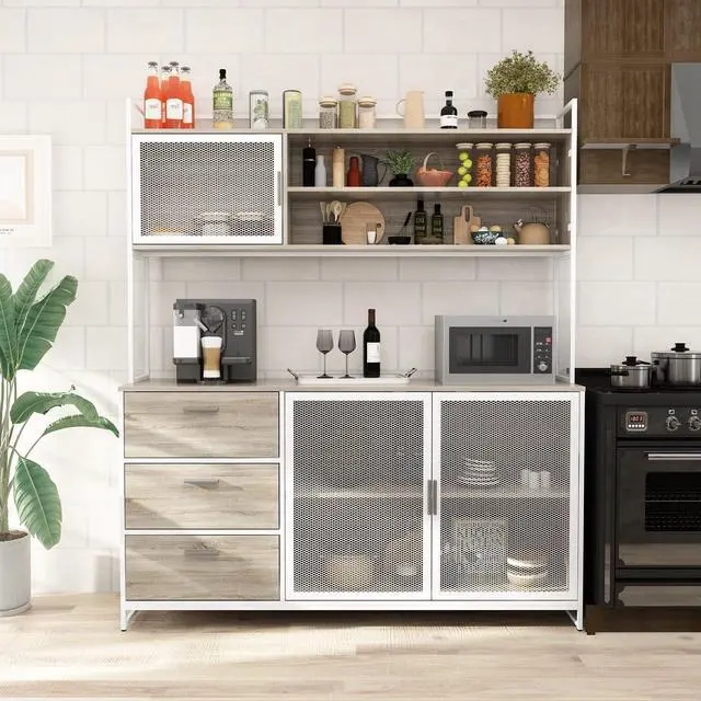 Alt view image 3 of 7 - Large Kitchen Hutch Cabinet, Storage Cupboard Pantry with 3 Metal Doors, 3 Drawers & Microwave Shelf, for Kitchen Open Storage, Oak (59" W x 15.7" D x 68.5" H)